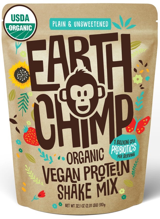 EarthChimp مسحوق بروتين نباتي عضوي من إيرث تشيمب - مع البروبيوتيك - غير معدل وراثيًا، خالٍ من منتجات الألبان، خالٍ من مصل اللبن، مسحوق بروتين نباتي للنساء والرجال، خالٍ من الغلوتين - 26 حصة 32 أونصة (عادي وغير محلى) - Image 1